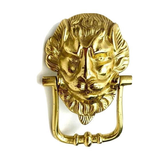 Door knocker Lion Face Design Golden Brass Two Piece Set Old Vintage Decor - Picture 3 of 5